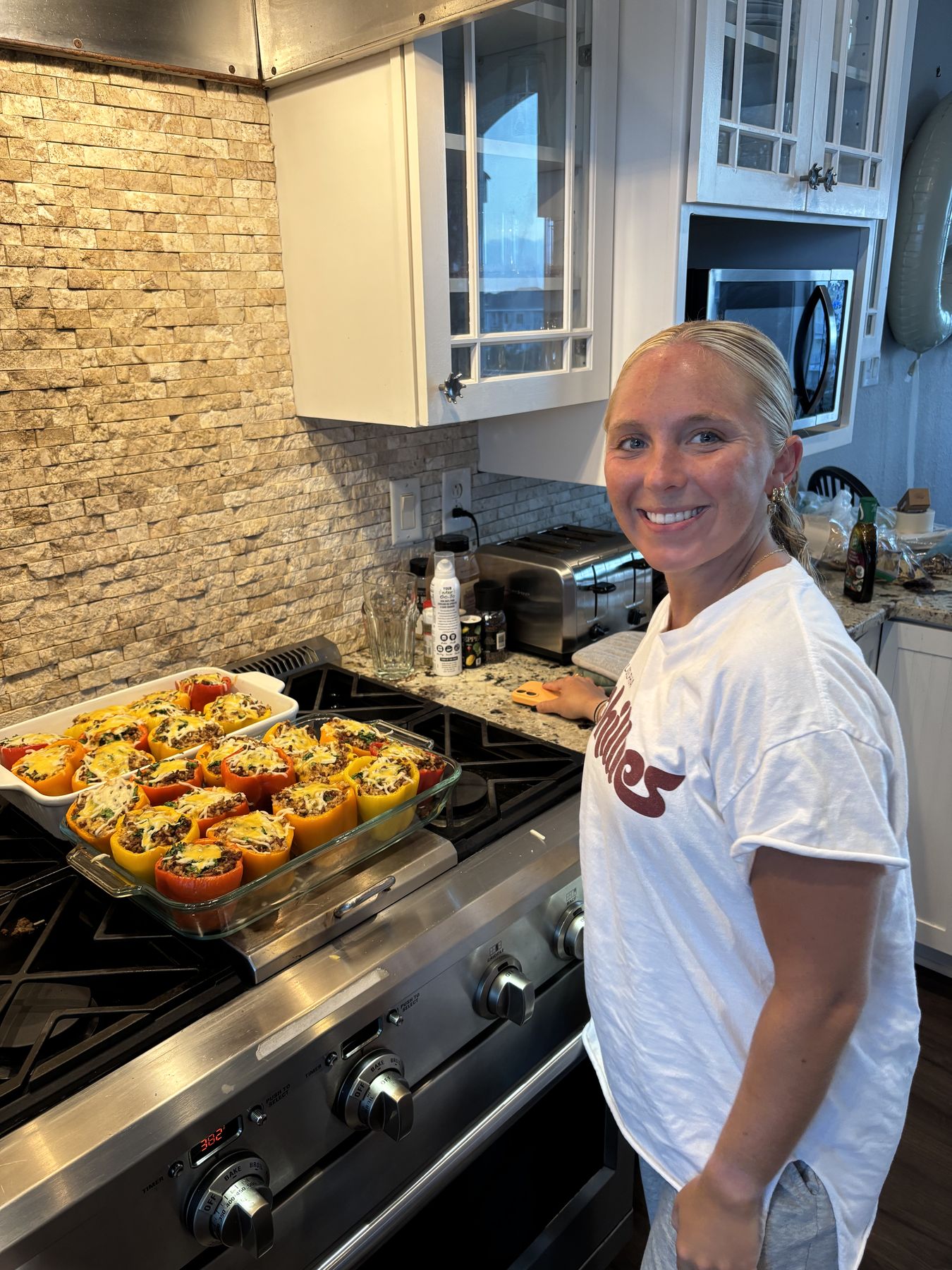 Lane with the finished stuffed peppers